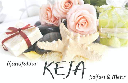KEJA Logo mit Hintergrundbild Seestern und Rosen